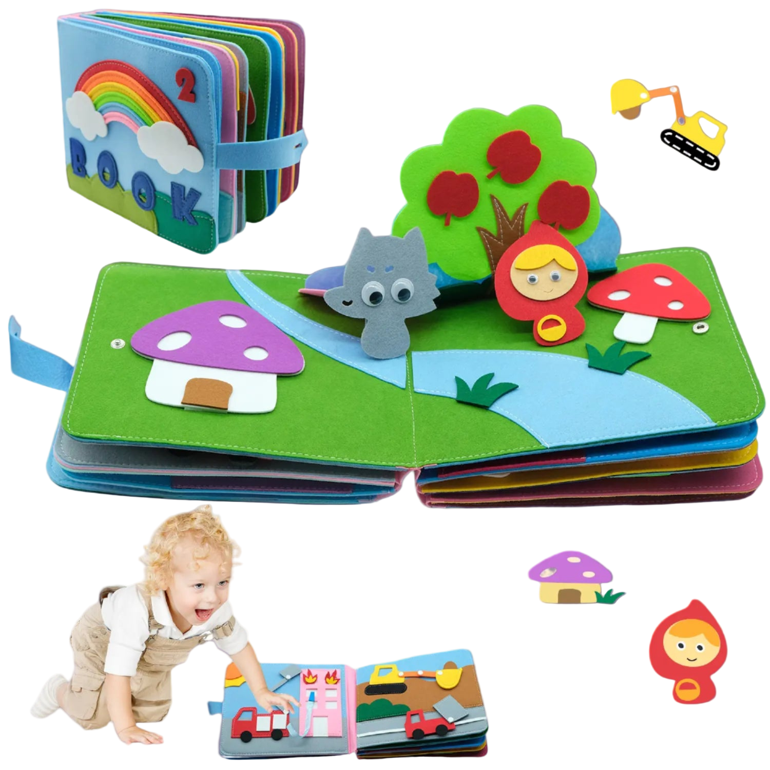 Children's soft book with colorful illustrations and a baby playing with it.