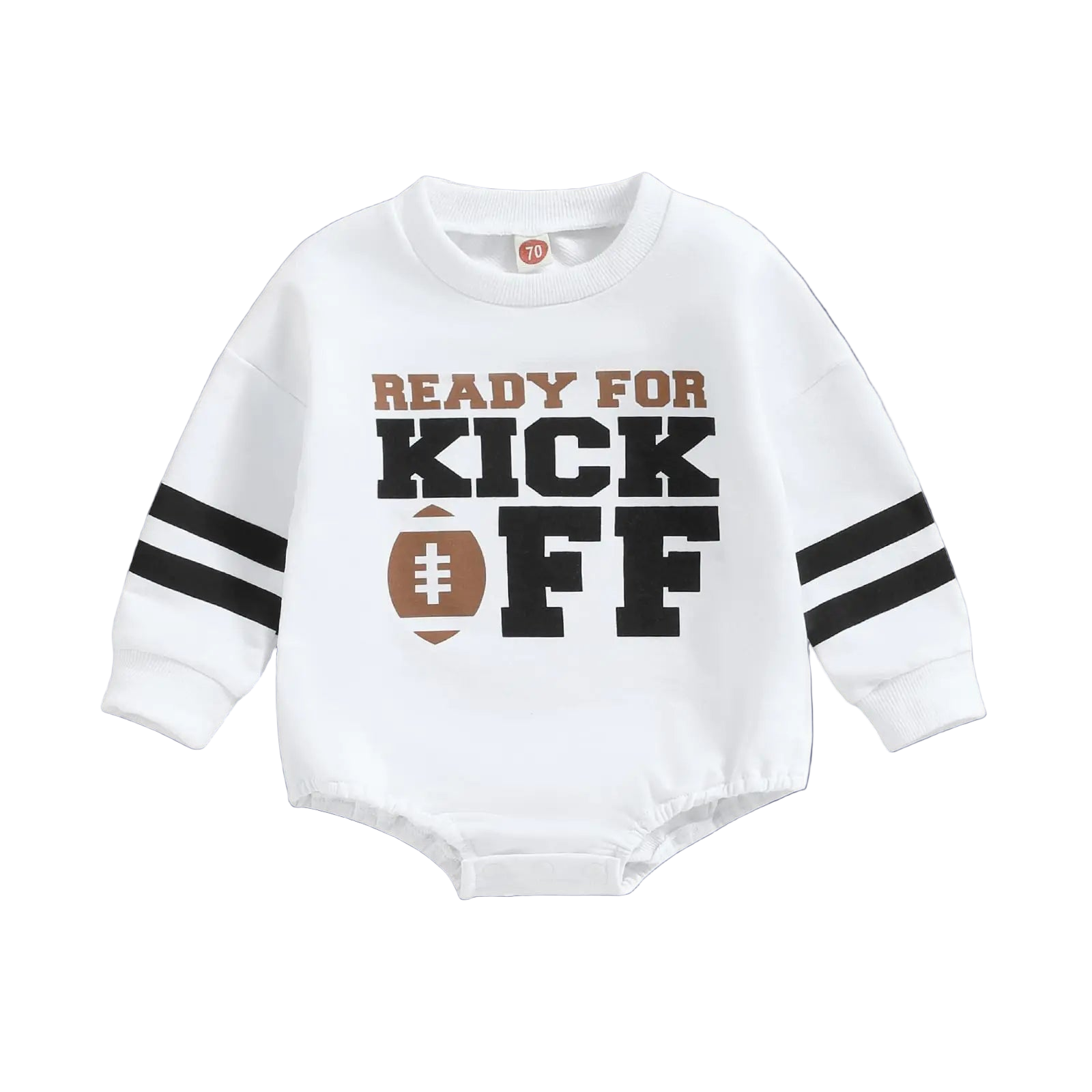 White baby romper with 'Ready for Kick Off' text and football graphic on a white background