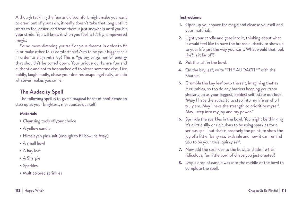 A printed page from a book or guide showing the 'Audacity Spell' with a paragraph of instructions at the top, a materials list, and numbered steps from 1 to 7 below. The page is white with black text.