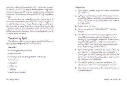 A printed page from a book or guide showing the 'Audacity Spell' with a paragraph of instructions at the top, a materials list, and numbered steps from 1 to 7 below. The page is white with black text.