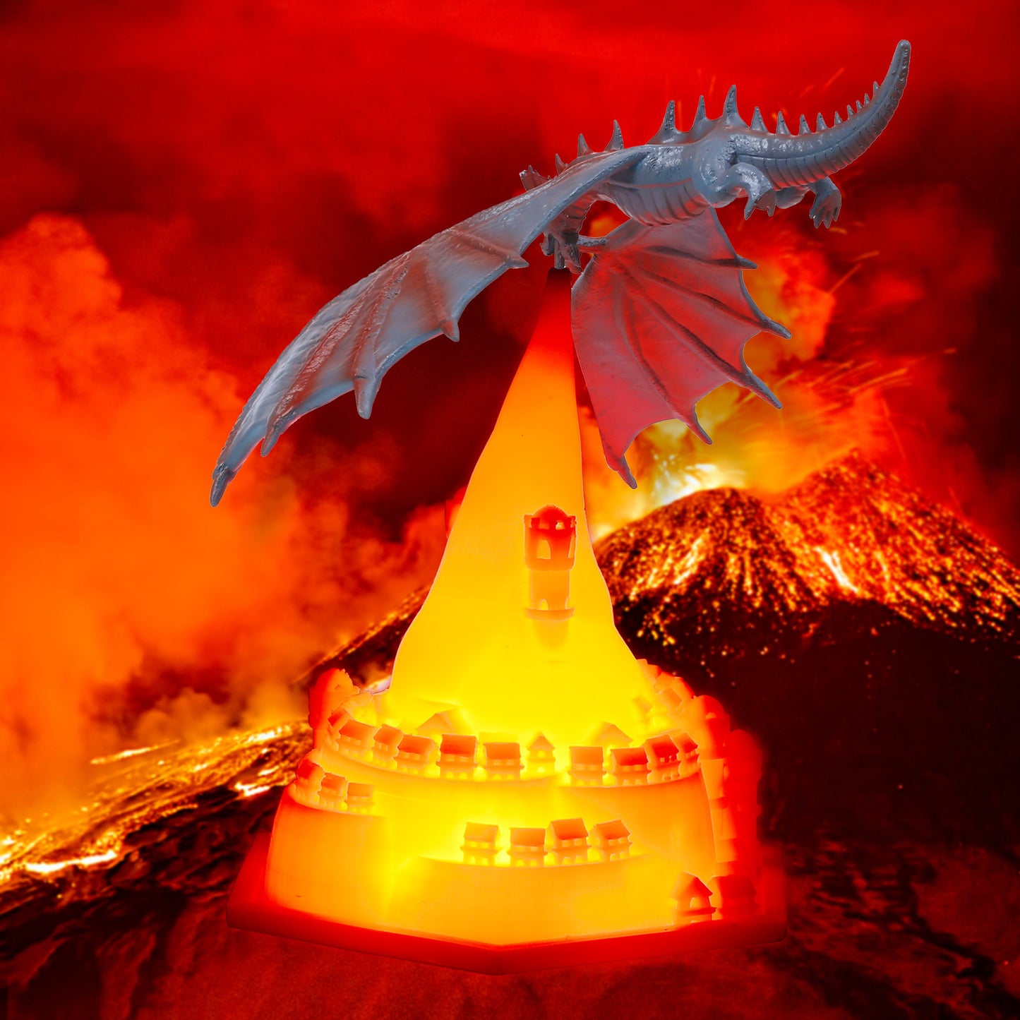 Dragon sculpture with a glowing orange base against a fiery background