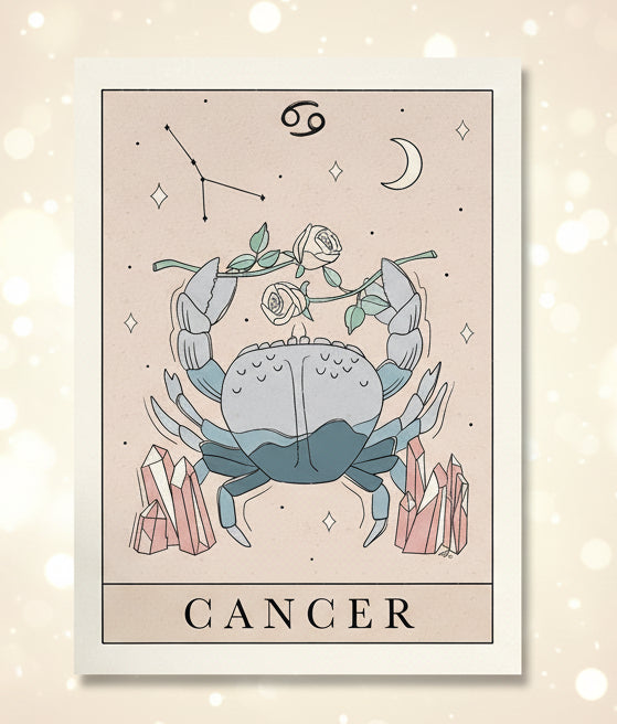 Zodiac card for Cancer with a crab illustration on a beige background