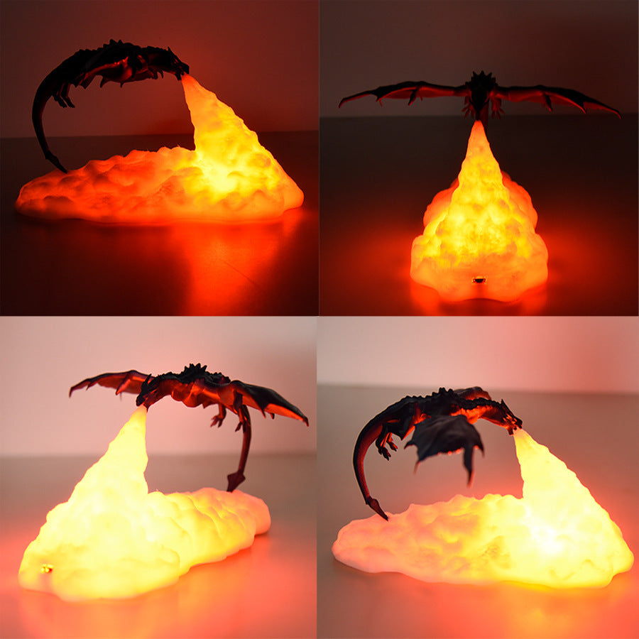 Four views of a dragon-like creature with a glowing orange flame on a reflective surface.