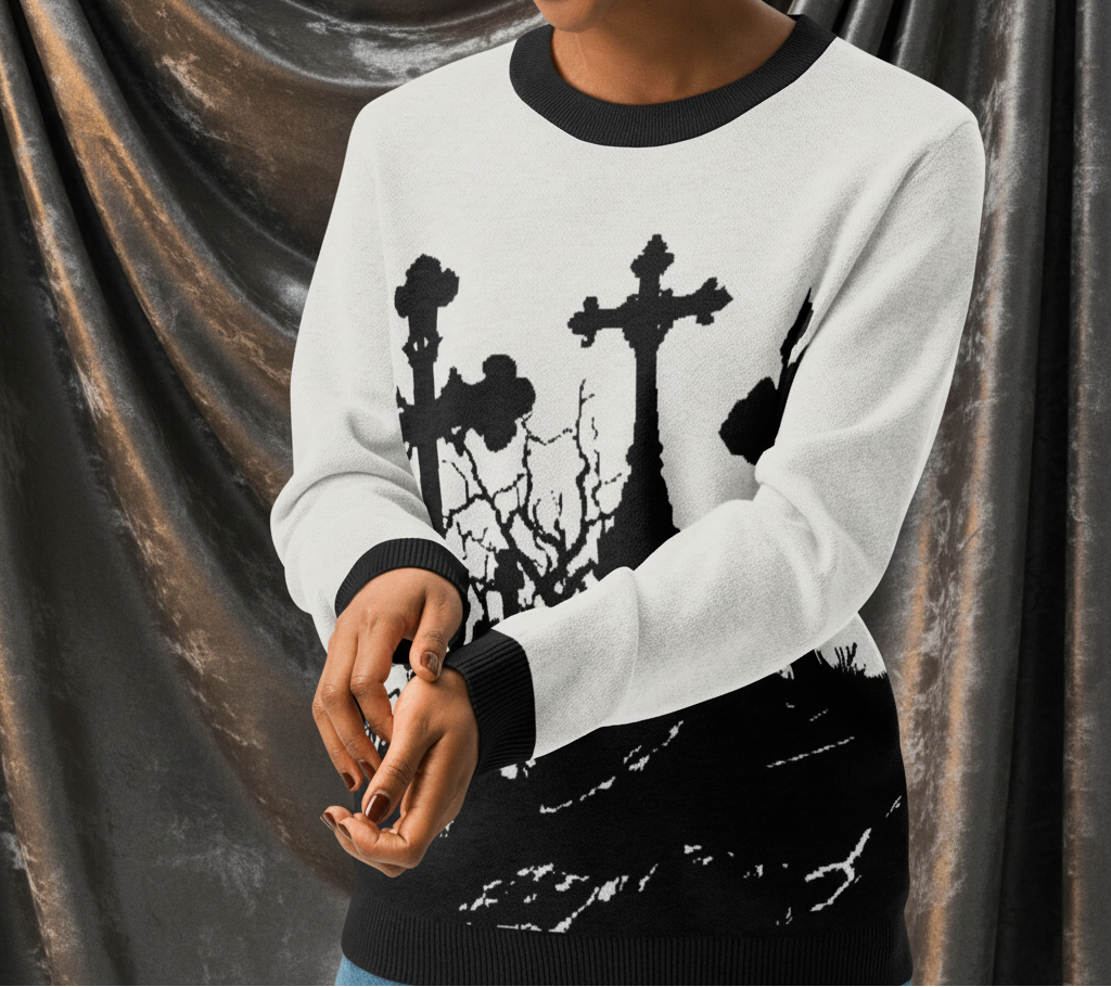 Woman wearing a white sweater with black cross design on a transparent background