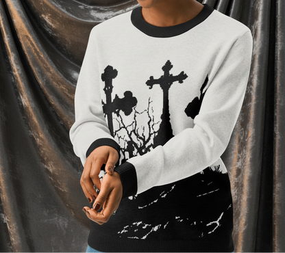 Woman wearing a white sweater with black cross design on a transparent background