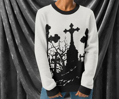 Person wearing a white sweater with black graphic design on a transparent background