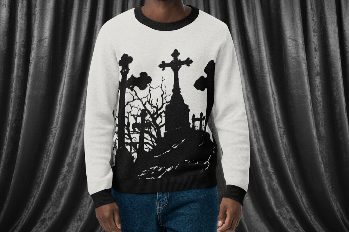 Man wearing a white sweater with black graphic design on a transparent background