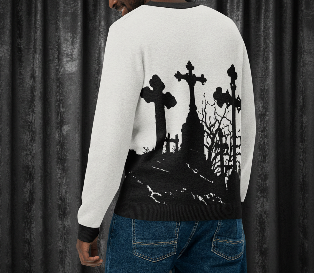 Person wearing a sweater with a black and white design of crosses and trees on the back.