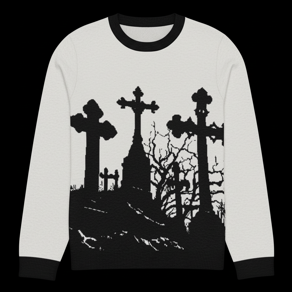 White sweater with black silhouette design of a cemetery on a transparent background