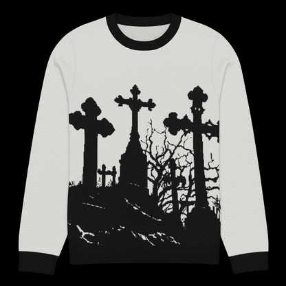 White sweater with black silhouette design of a cemetery on a transparent background