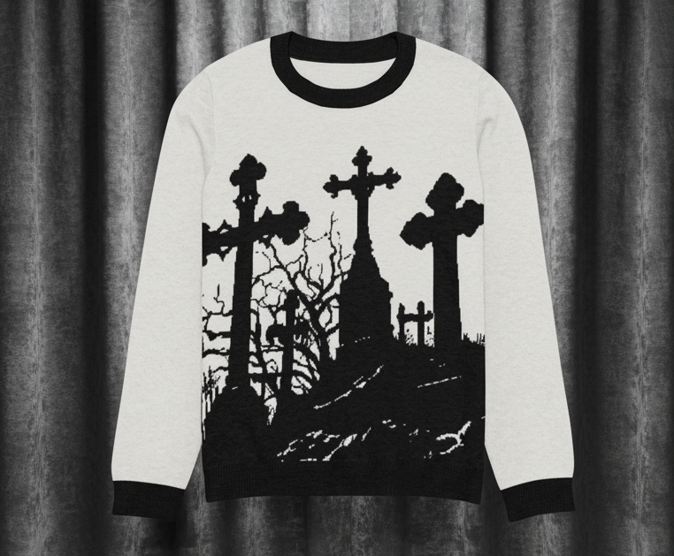 Sweater with black silhouette design of a cemetery on a white background