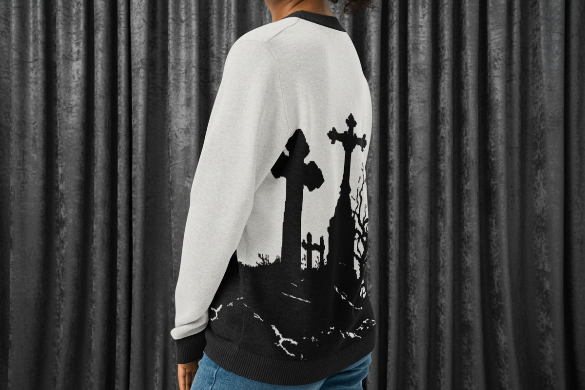 Person wearing a black and white sweater with cemetery design on a transparent background