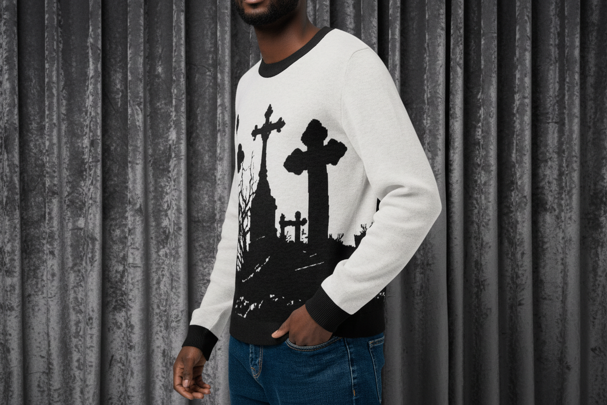 Man wearing a white sweater with a black graphic design on a transparent background
