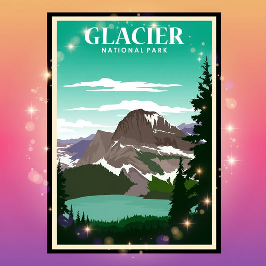 Poster of Glacier National Park with mountains and trees on a green background