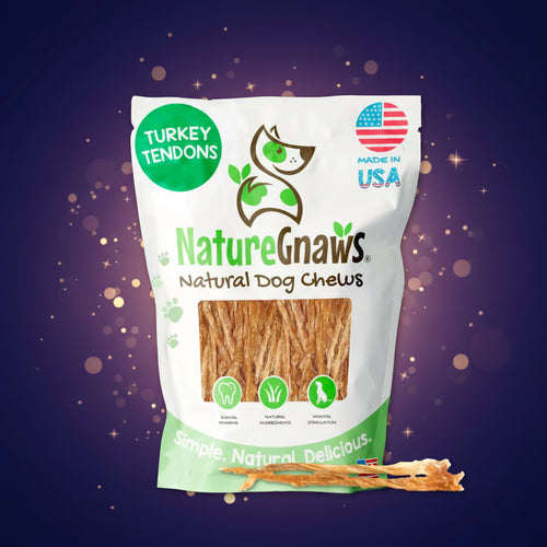 Nature Gnaws natural dog chews packaging with a turkey tendons label on a white background