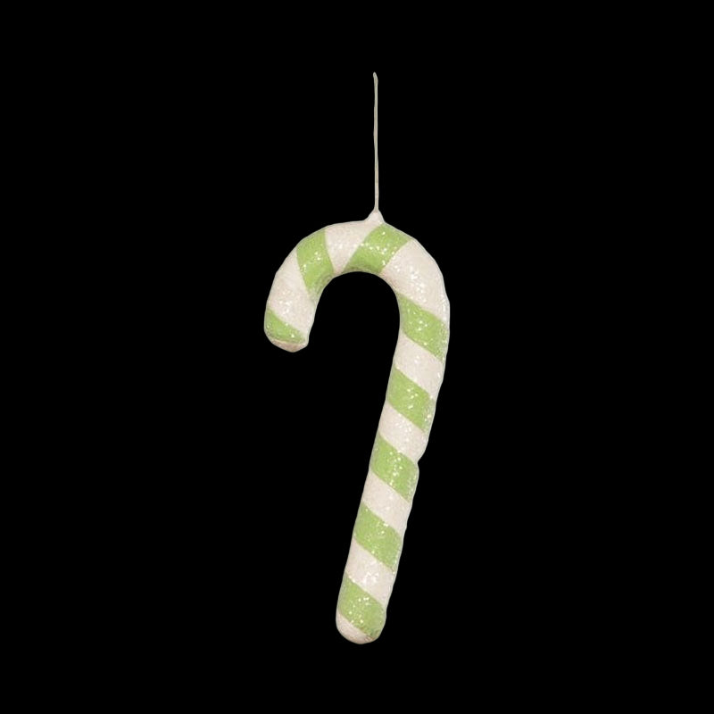 Green and white striped candy cane ornament on a white background