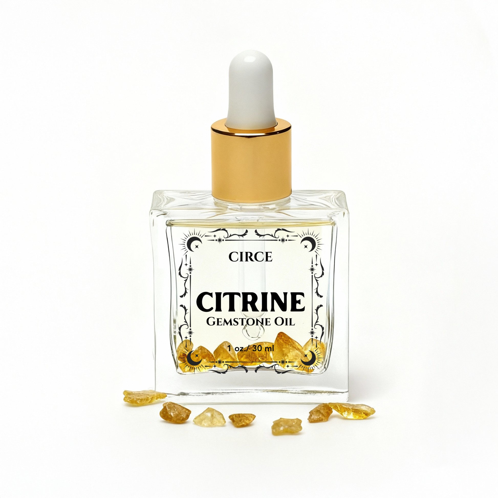 Circe Citrine Gemstone Oil bottle with gold cap on a white background