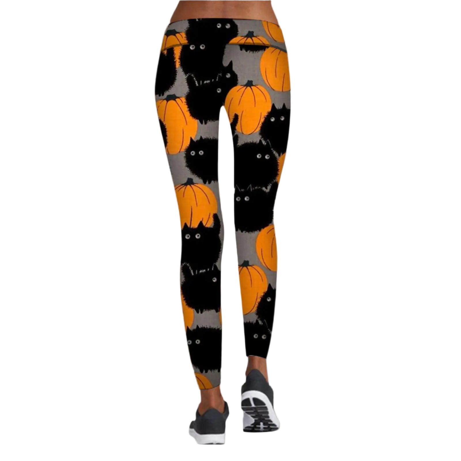 Leggings with Halloween-themed design featuring black cats and pumpkins on a white background.