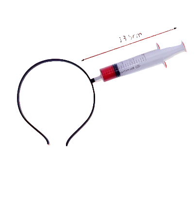 Black headband with a syringe attached, Halloween-themed background