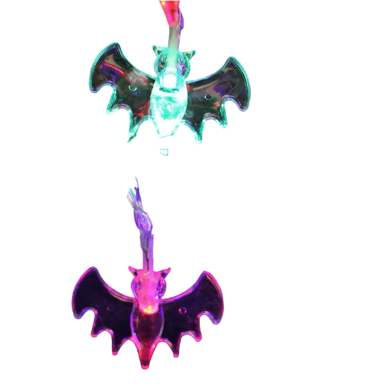 Colorful bat-shaped string lights on a dark background
