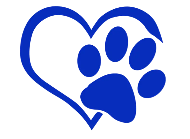 Blue paw print inside a heart shape on a white background