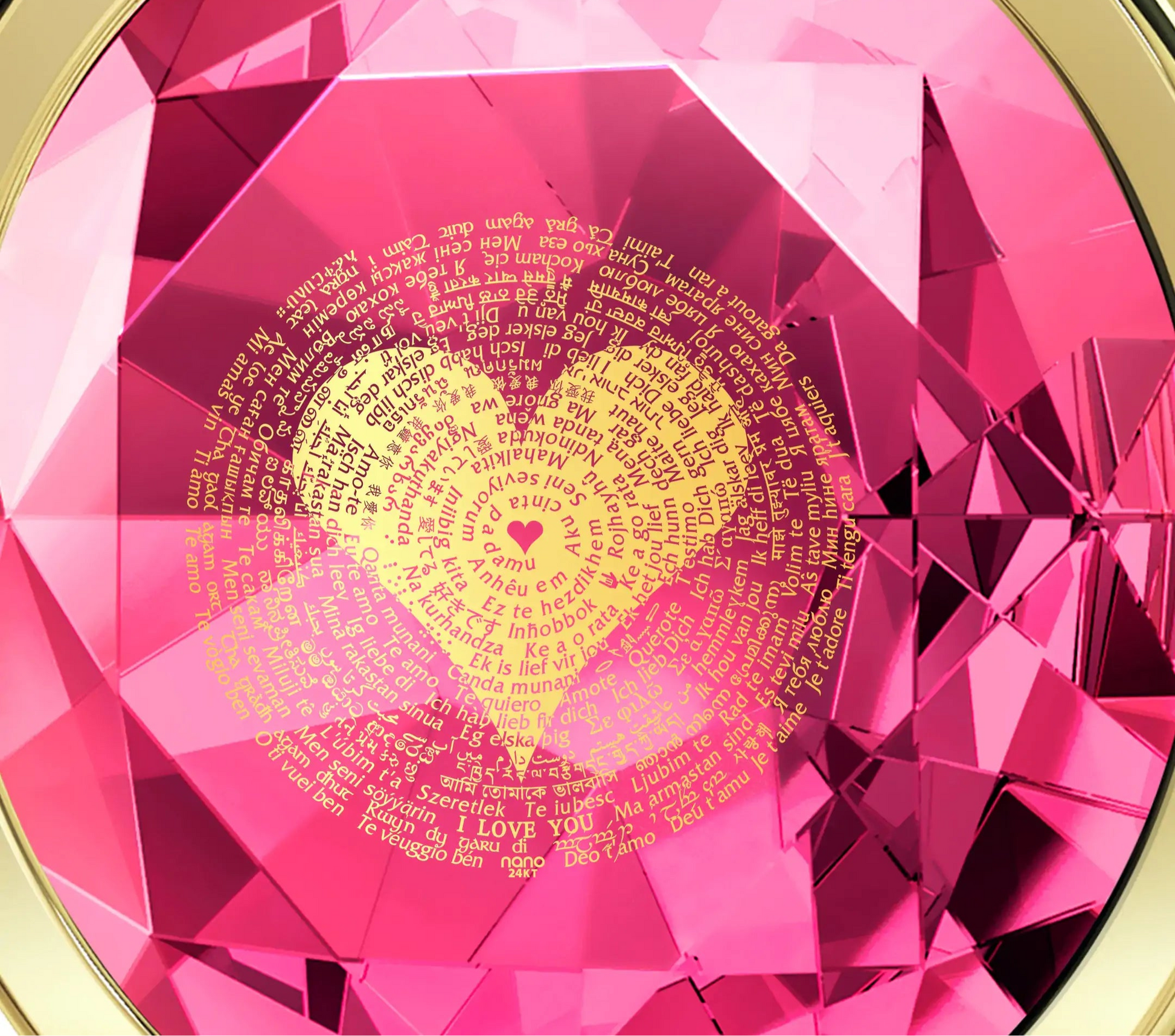 Pink gemstone with gold heart and text inside, surrounded by a gold border.