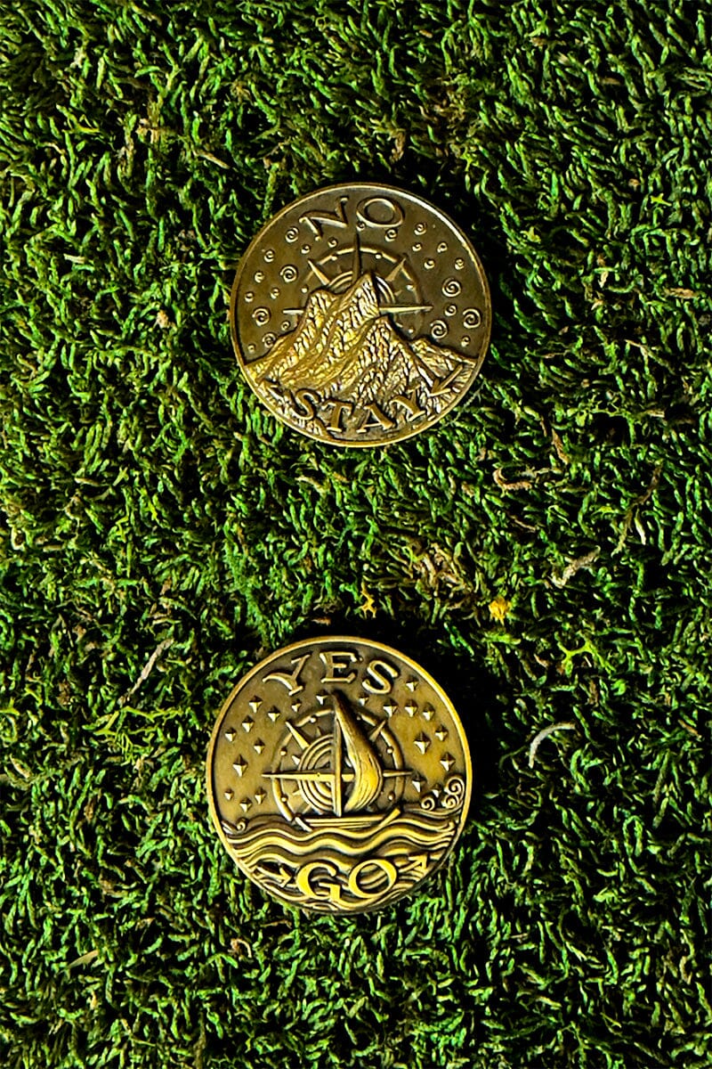 Two gold coins with ship designs on a green moss background