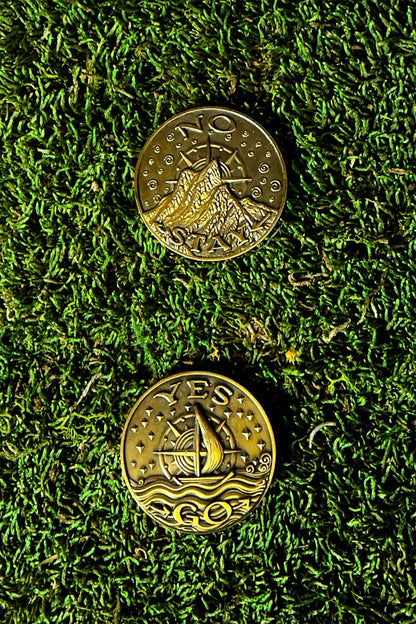 Two gold coins with ship designs on a green moss background