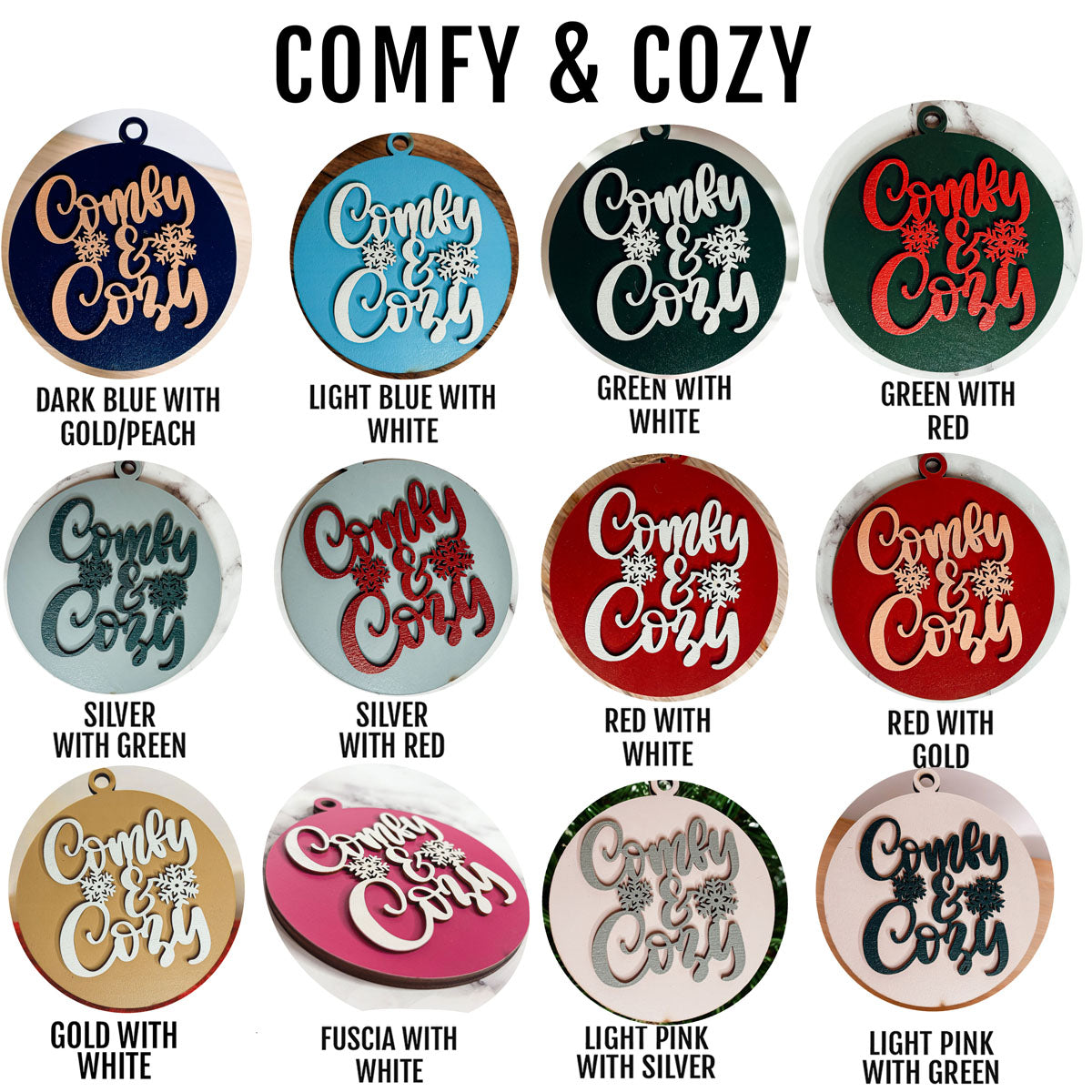 Collection of 'Comfy & Cozy' keychains in various colors and designs.