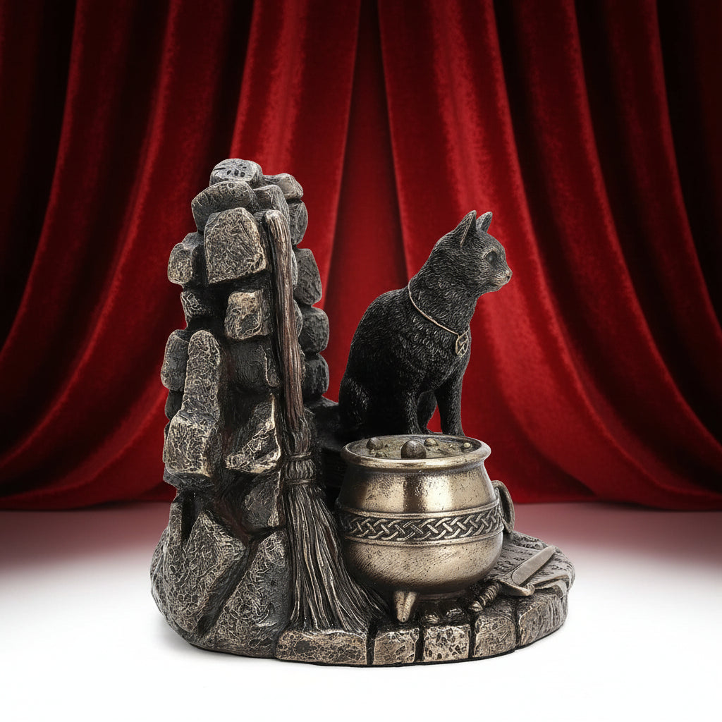 A decorative figurine featuring a black cat sitting beside a cauldron and broom, mounted on a stone wall base with a metallic silver cauldron and dark bronze-toned cat and stone details.