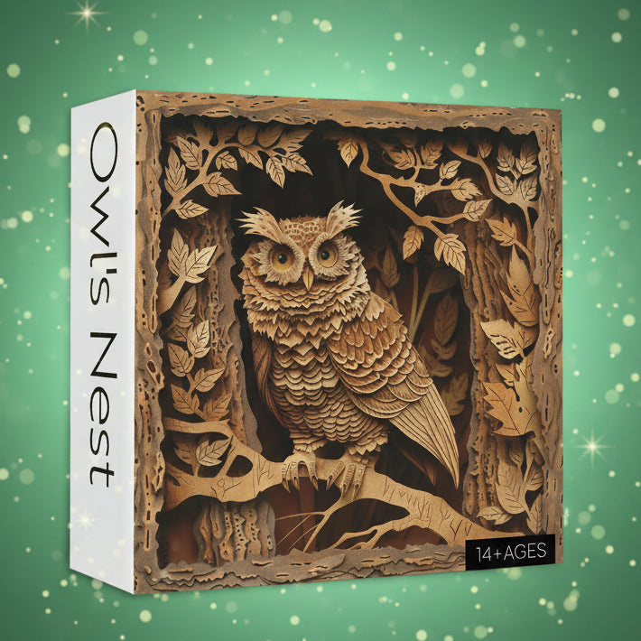 Wooden owl puzzle in a box with 'Owl's Nest' branding