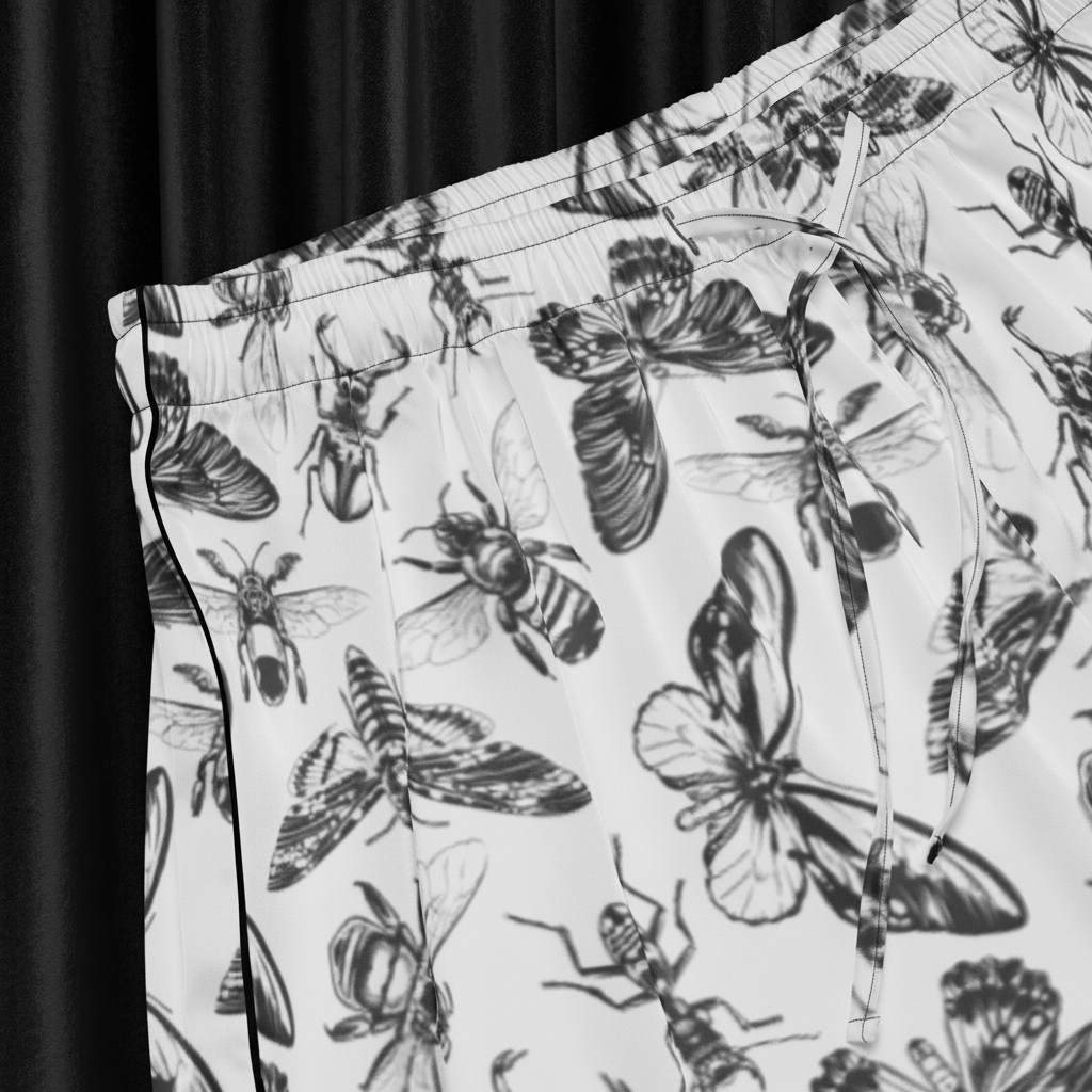 Pants with a black and white insect pattern on a light background