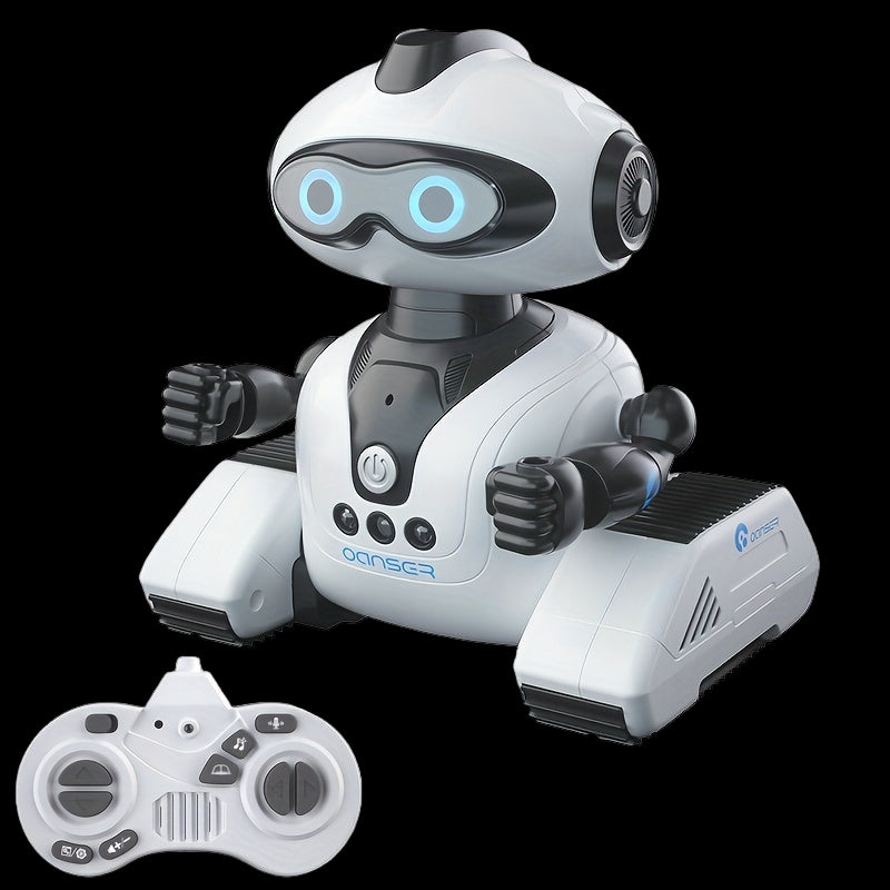 White robot toy with remote control on a white background