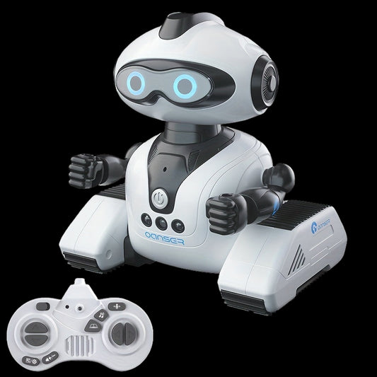 White robot toy with remote control on a white background