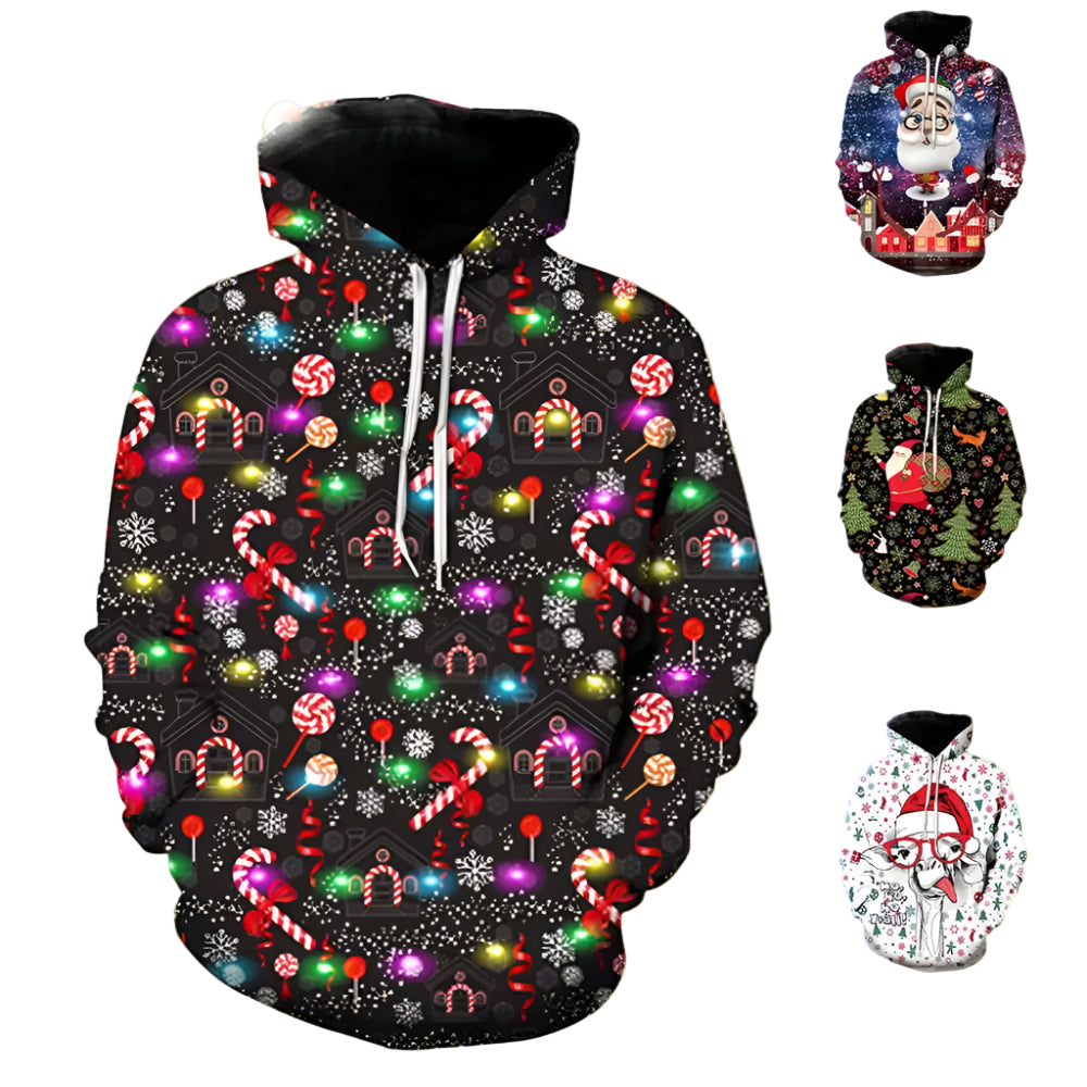 Colorful Christmas-themed hoodie with various patterns on a white background