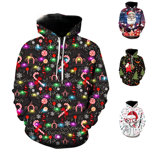 Colorful Christmas-themed hoodie with various patterns on a white background