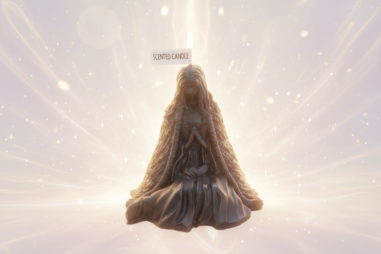 Dark-colored figurine of a hooded figure with a 'Scented Candle' label on a surface with books in the background.