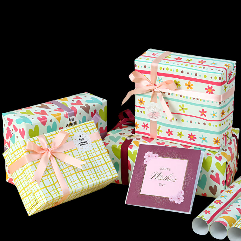 Colorful gift boxes with ribbons and a Mother's Day card on a yellow background