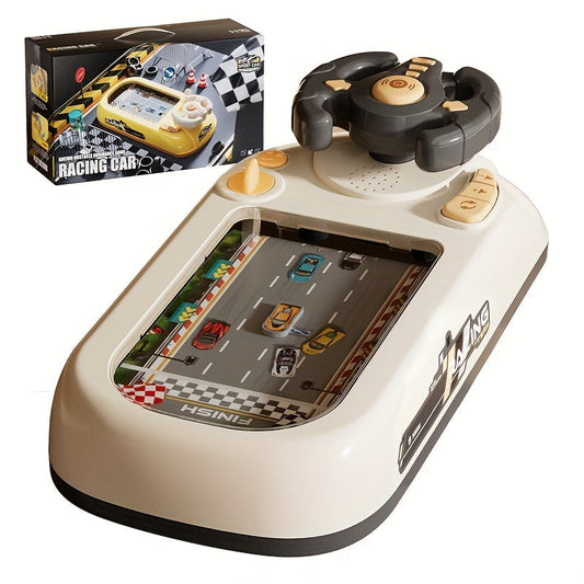 Toy racing game with controller and race track, next to its packaging.
