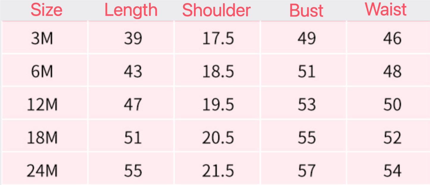 Table displaying measurements for different sizes of a garment with columns for Length, Shoulder, Bust, and Waist.