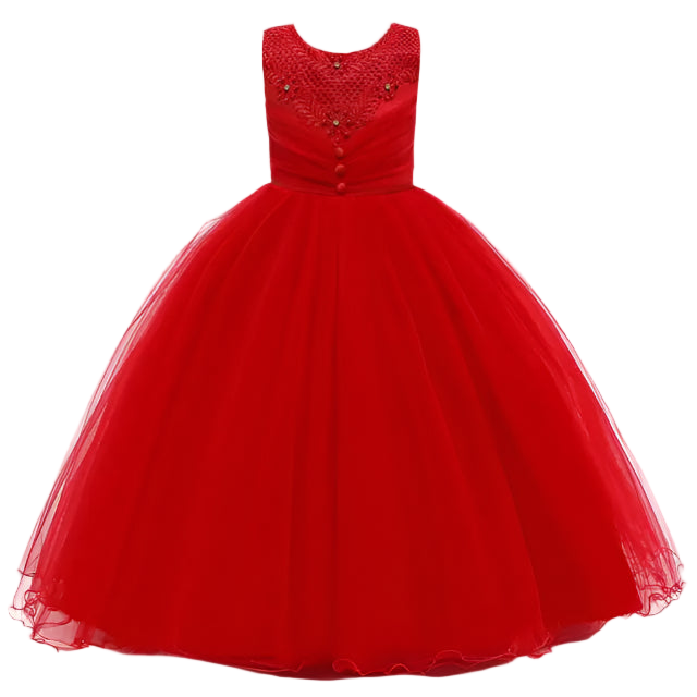 Red ball gown with beaded top on a white background