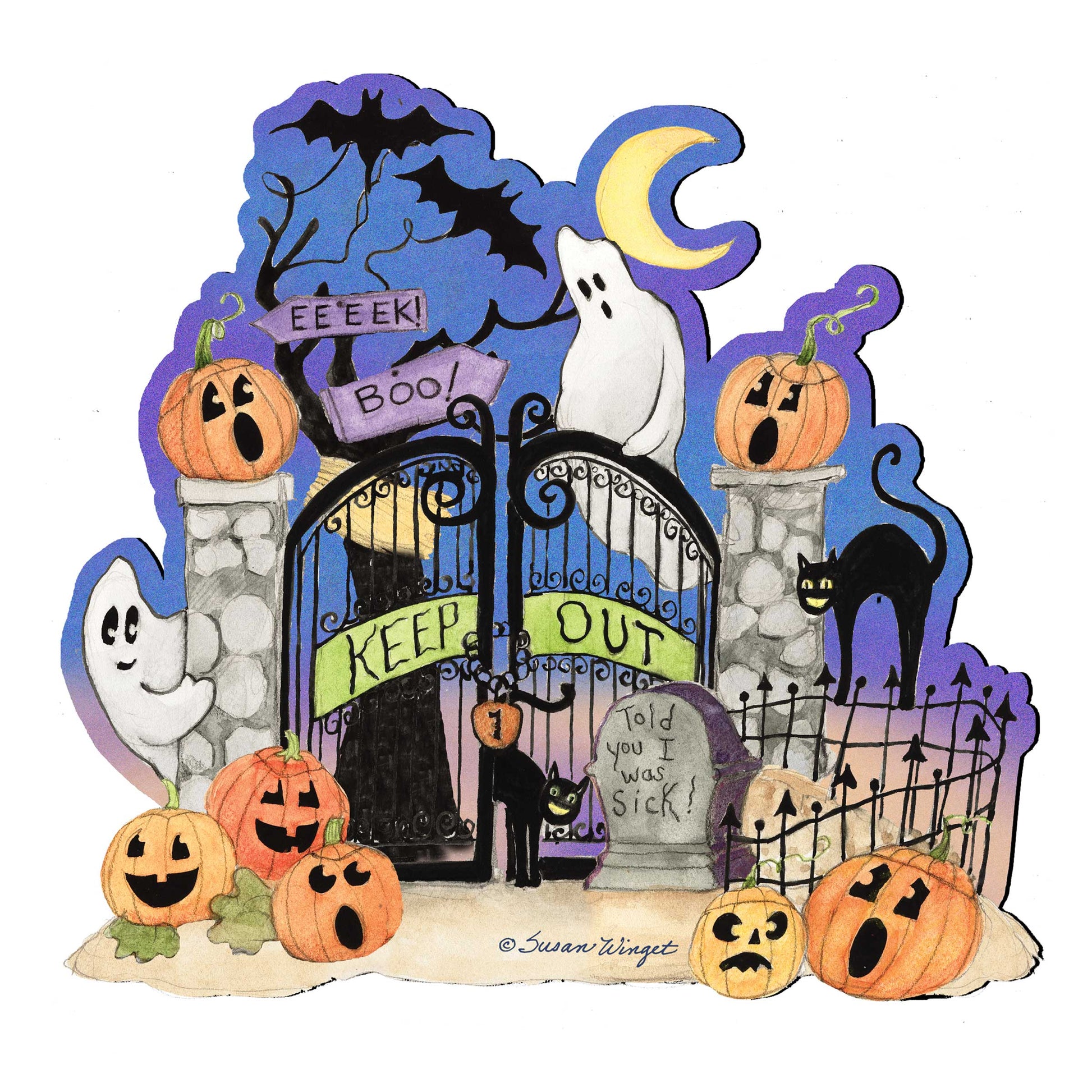 Halloween-themed decorative sign with pumpkins, ghosts, and a gate.