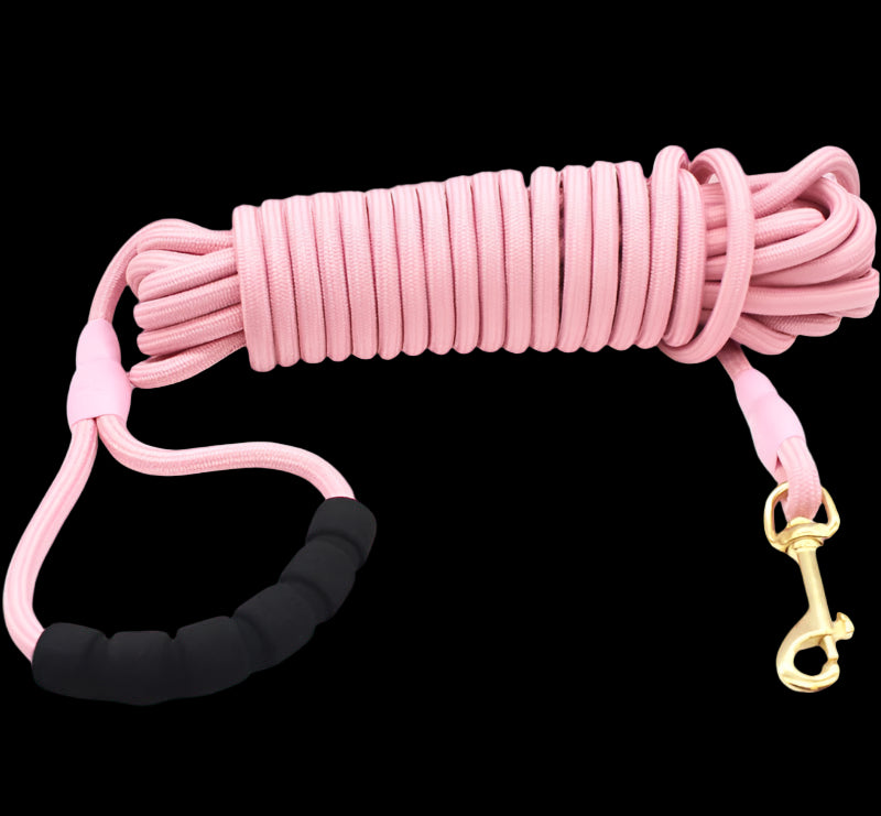 Pink dog leash with black handle and gold clip on a white background