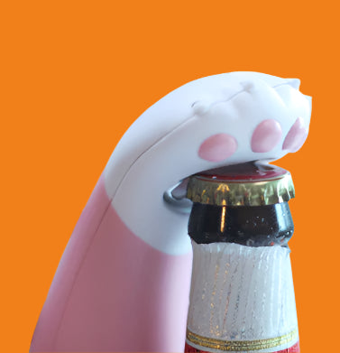 Pink bottle opener with cat paw design on a bottle