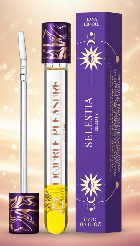 Lava lip oil with purple packaging and yellow accents, featuring the brand 'Selestia Beauty'.