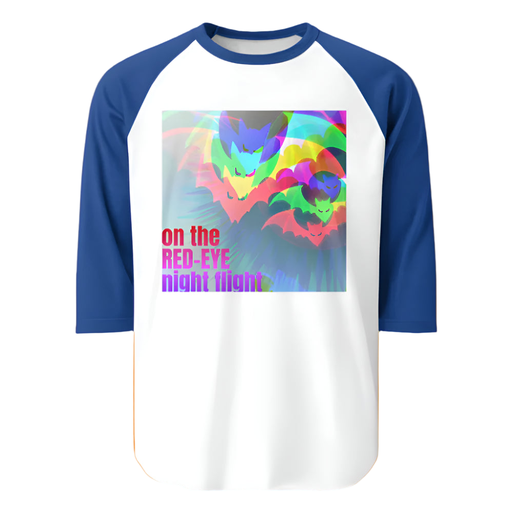 Baseball shirt with colorful graphic and text on a white background