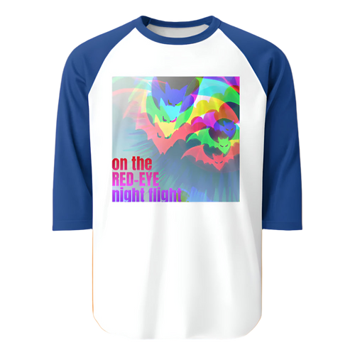 Baseball shirt with colorful graphic and text on a white background