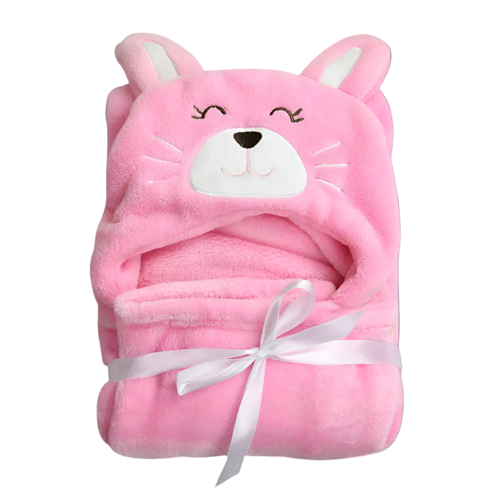 Pink cat-shaped hooded towel with a white ribbon on a white background