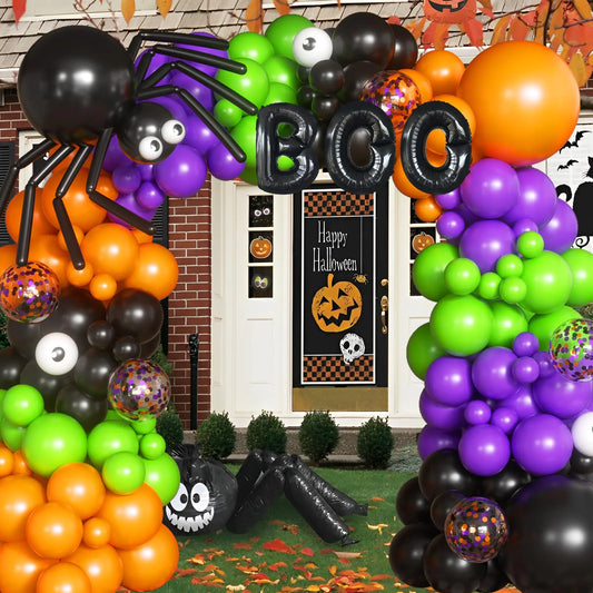 116 Pcs Large Halloween Balloon Arch with Spider and Boo Shapes Black, Purple, Green, Orange