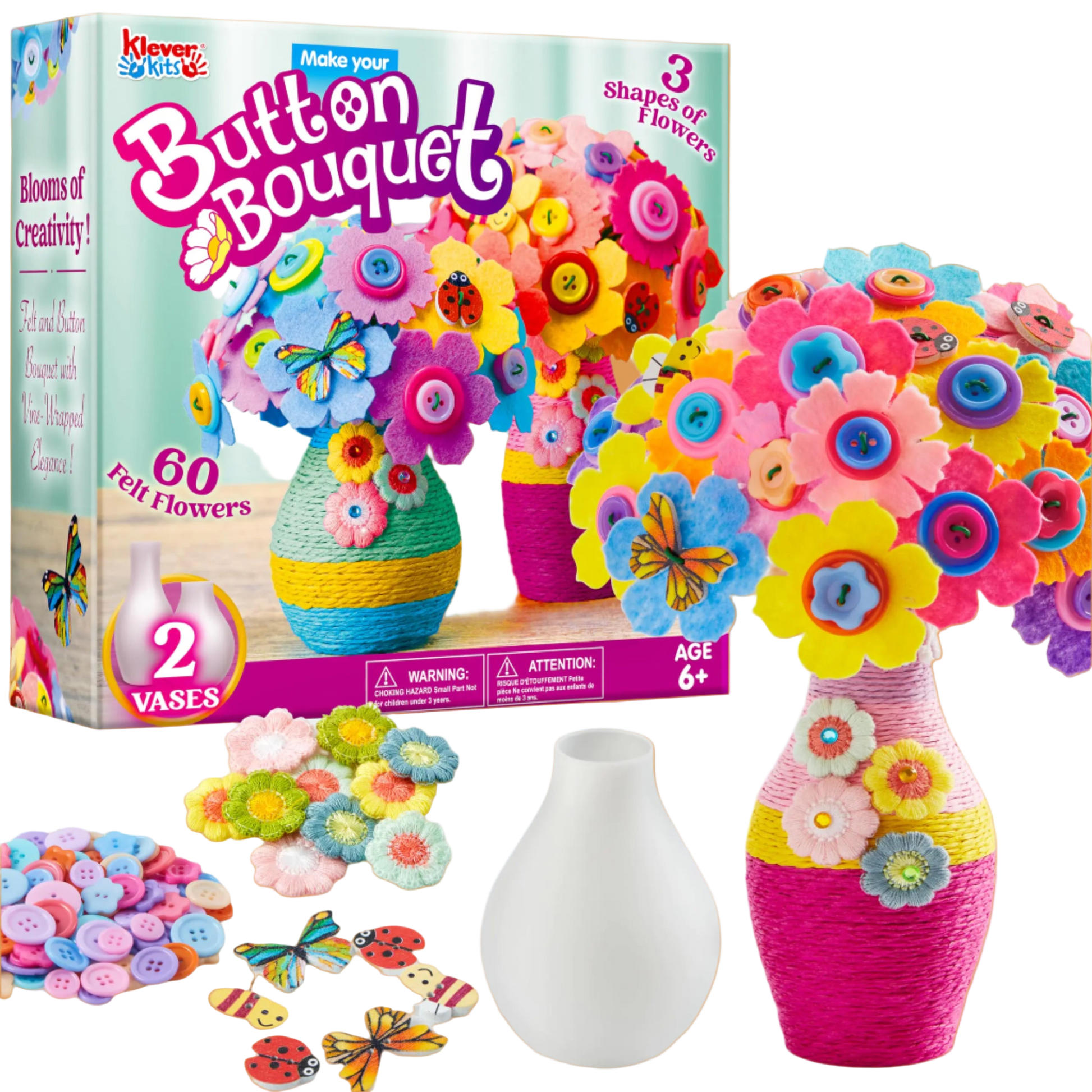 Button Bouquet craft kit with colorful flowers and vases on a white background